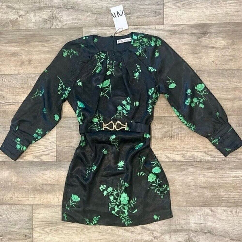 Zara Green Floral Long Sleeve Mini Dress Belted NWT - Picture 15 of 16